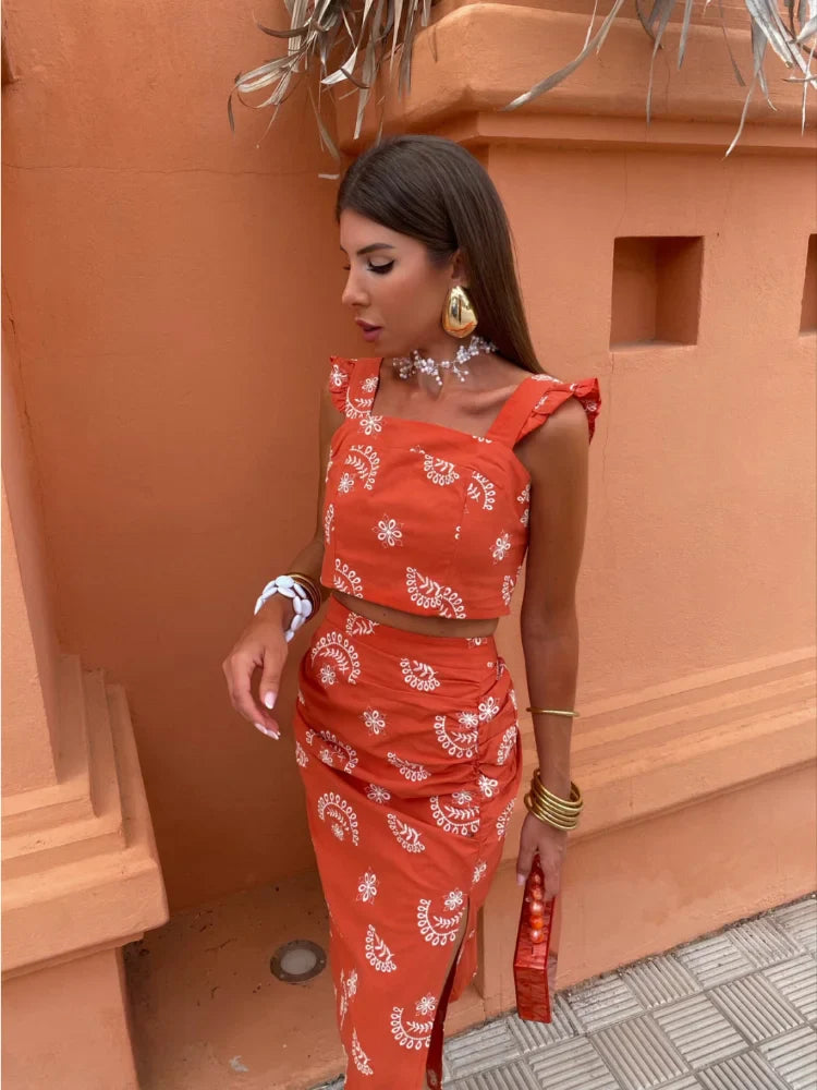 Tweedelig boho set met crop top en midi rok