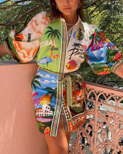 Tropische Print Overhemdjurk met Riem