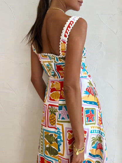 Maxi Zomerjurk met Speelse Strandprint en Vierkante Halslijn