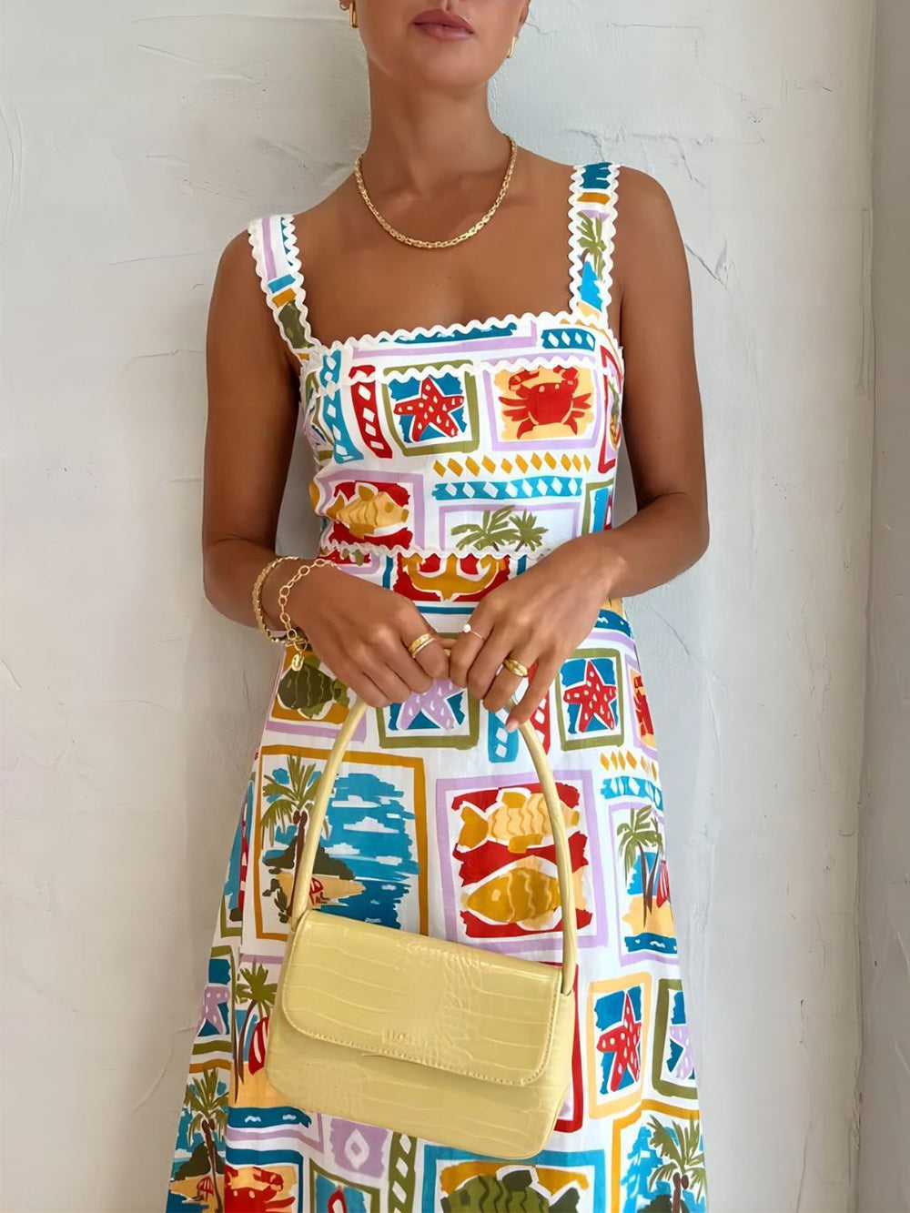 Maxi Zomerjurk met Speelse Strandprint en Vierkante Halslijn