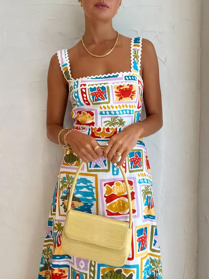 Maxi Zomerjurk met Speelse Strandprint en Vierkante Halslijn