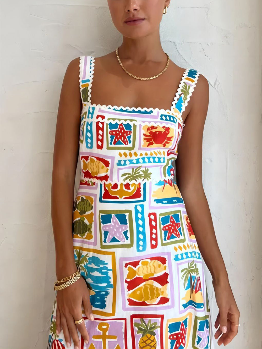 Maxi Zomerjurk met Speelse Strandprint en Vierkante Halslijn