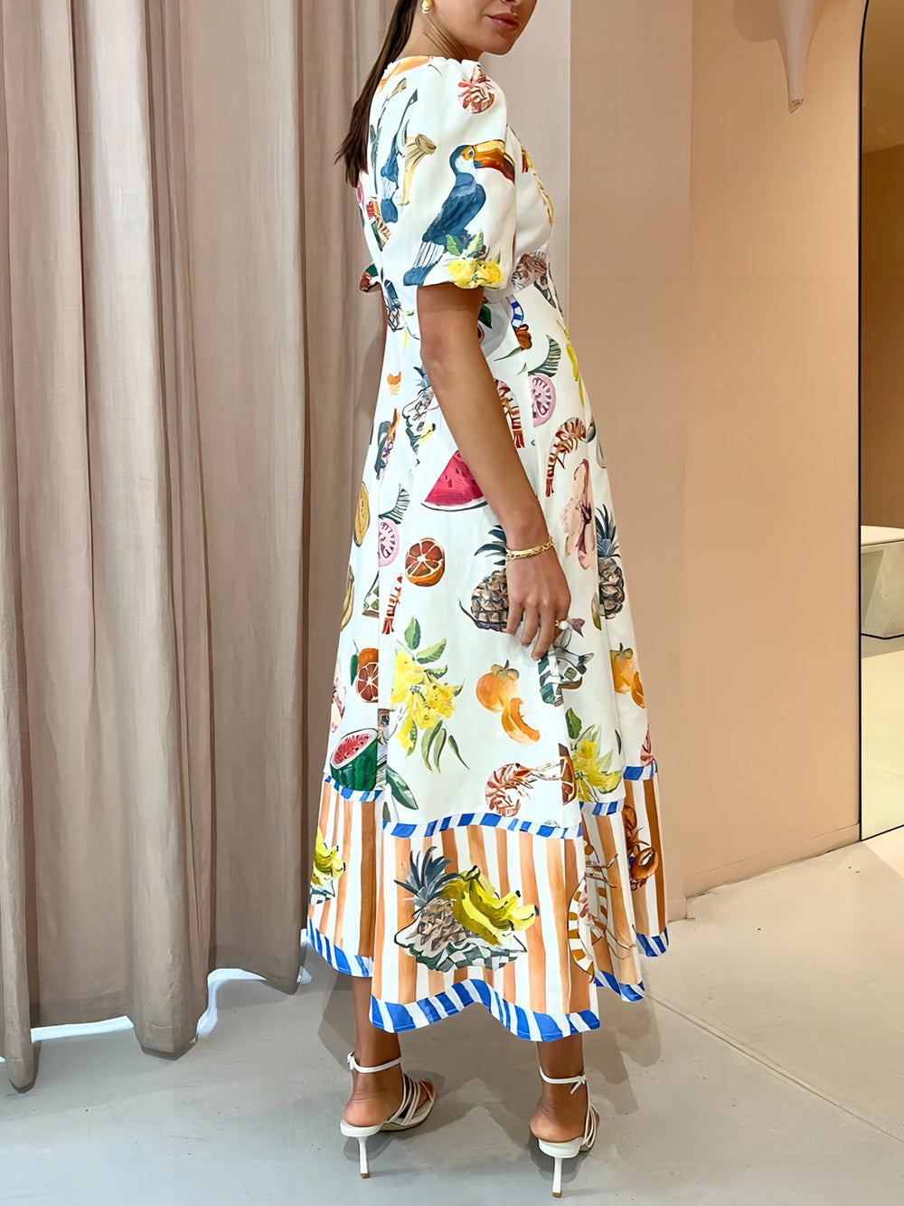Maxi Jurk met Fruit Print en Pofmouwen