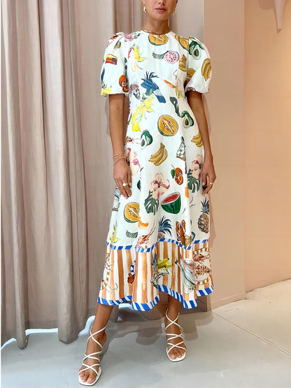 Maxi Jurk met Fruit Print en Pofmouwen