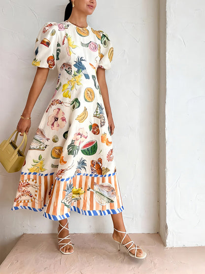 Maxi Jurk met Fruit Print en Pofmouwen