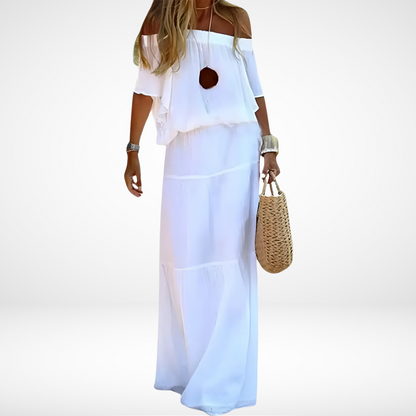 BohoBreeze – Elegante witte off-shoulder maxi strandjurk