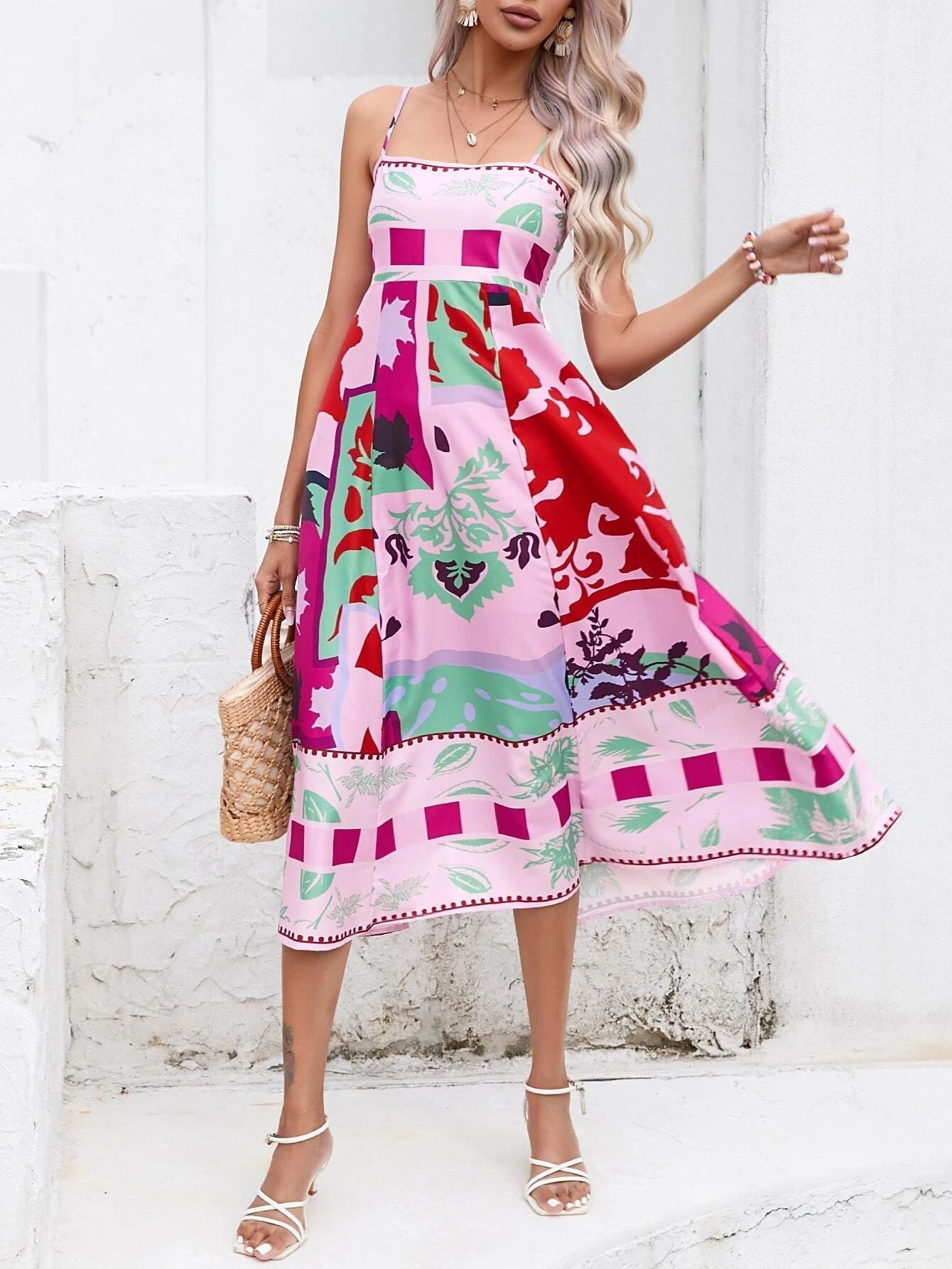 Maxi-jurk met Spaghettibandjes en Artistieke Print