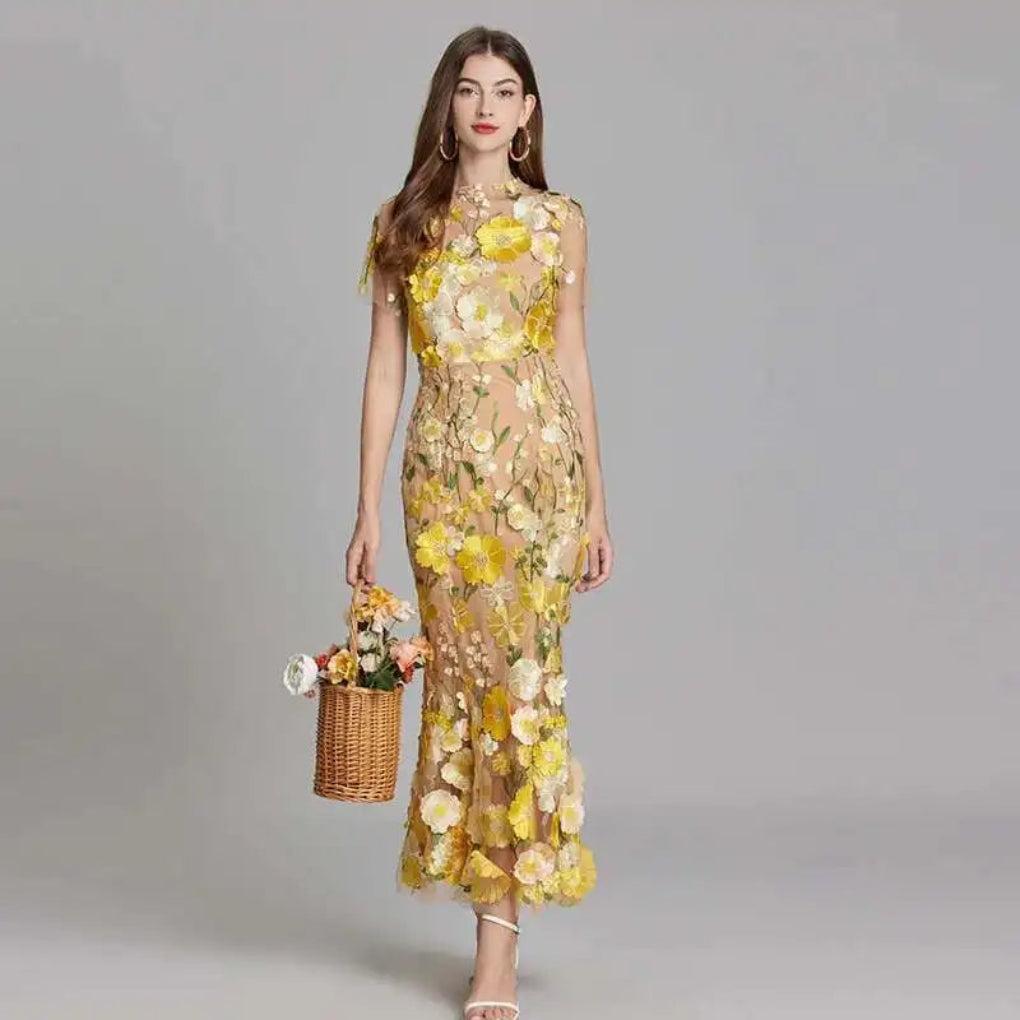 Zomerse geborduurde kanten promjurk voor dames