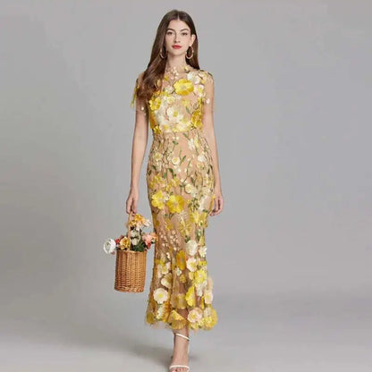 Zomerse geborduurde kanten promjurk voor dames