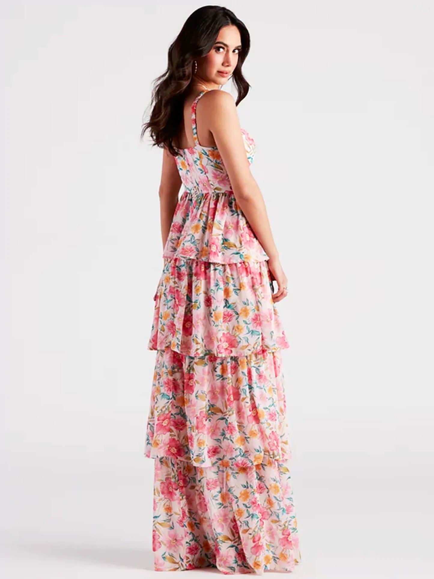 Maxi Jurk met Bloemenprint, Sweetheart Halslijn en Gelaagde Rok met Split