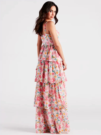 Maxi Jurk met Bloemenprint, Sweetheart Halslijn en Gelaagde Rok met Split