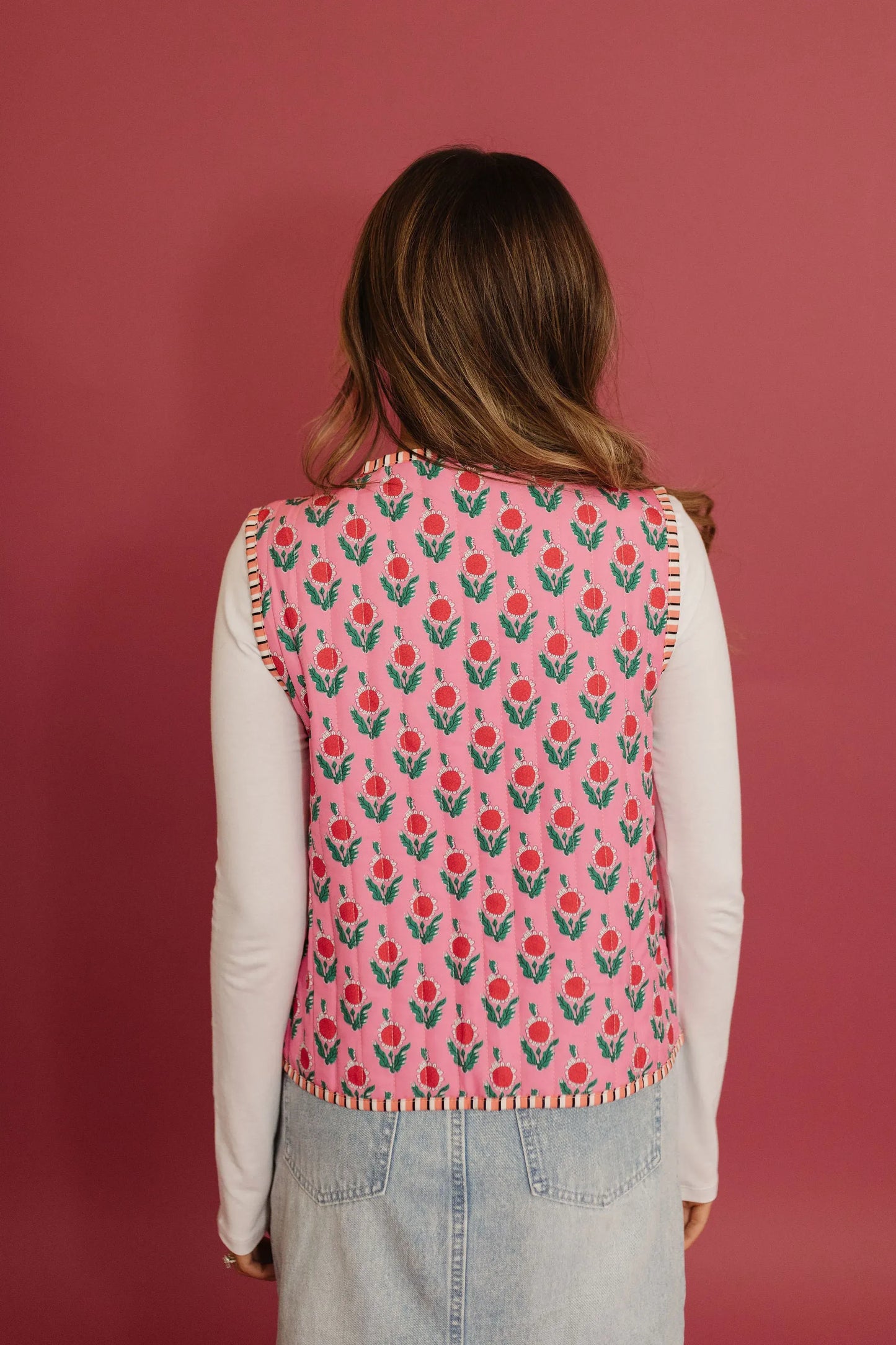 Gilet met Bloemen Afdruk en Gestreepte Voering