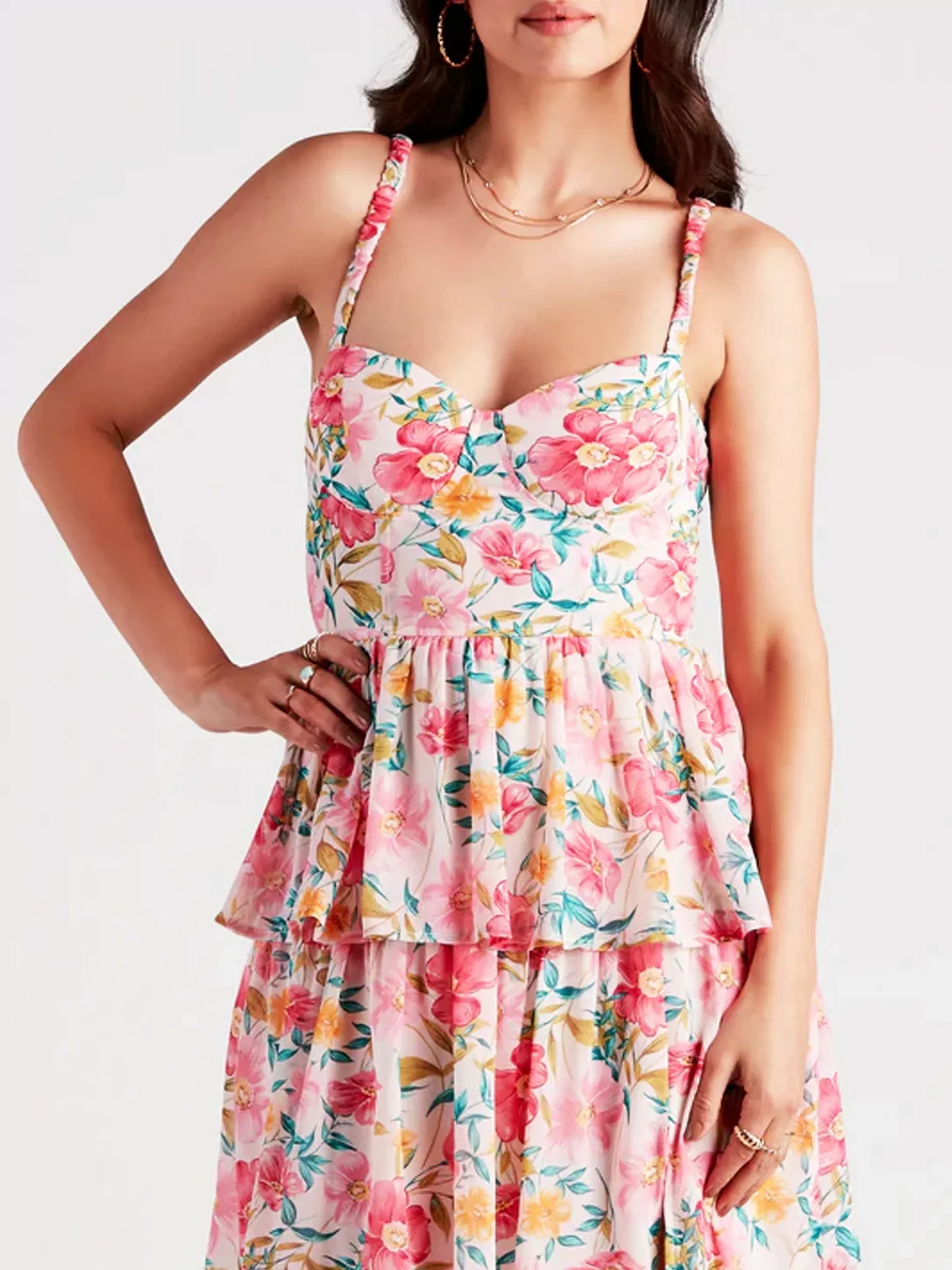 Maxi Jurk met Bloemenprint, Sweetheart Halslijn en Gelaagde Rok met Split