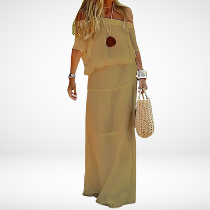 BohoBreeze – Elegante witte off-shoulder maxi strandjurk