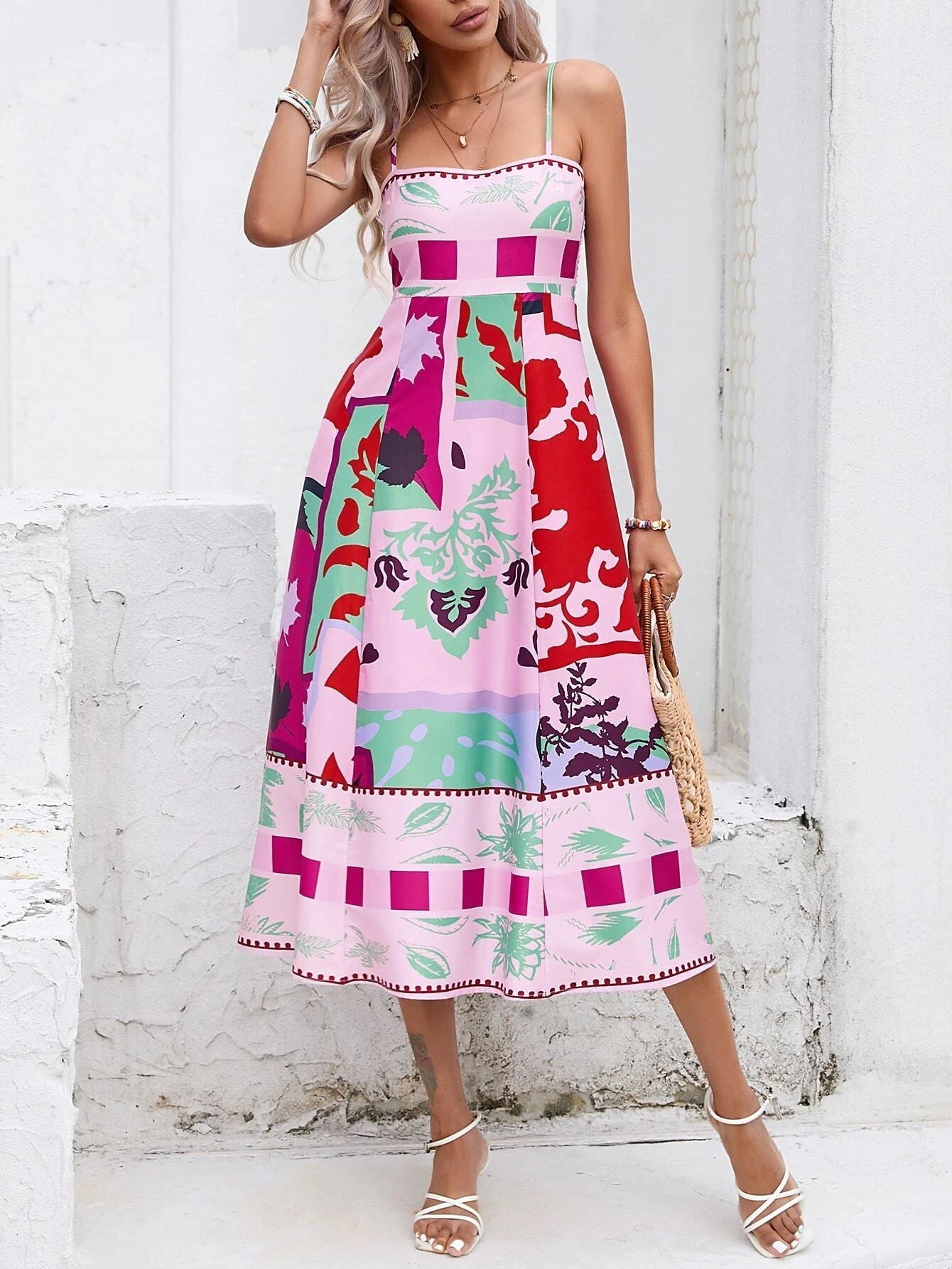 Maxi-jurk met Spaghettibandjes en Artistieke Print