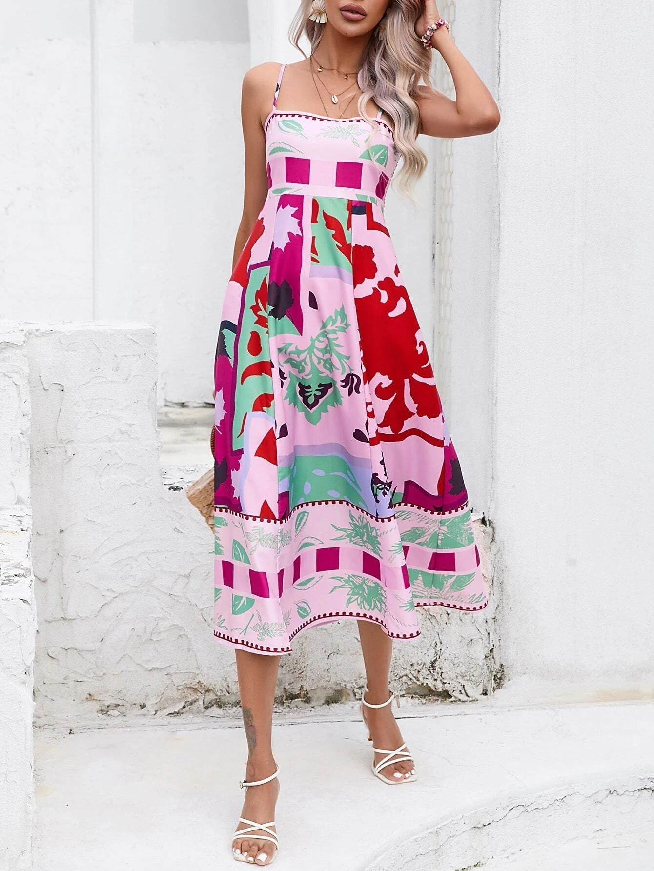 Maxi-jurk met Spaghettibandjes en Artistieke Print