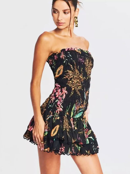 Zwarte Strapless Mini Jurk met Tropische Print en Gelaagde Rok