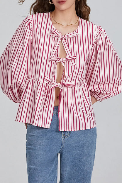 Pofmouw Peplum Blouse met Striksluiting