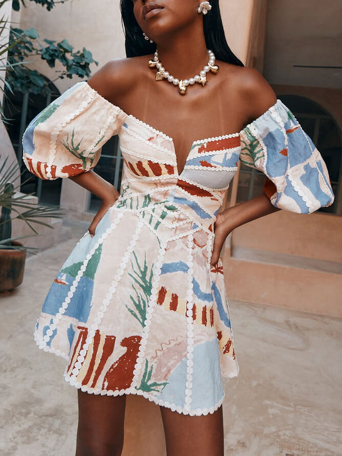 Mini Jurk met Print en Puff Mouwen