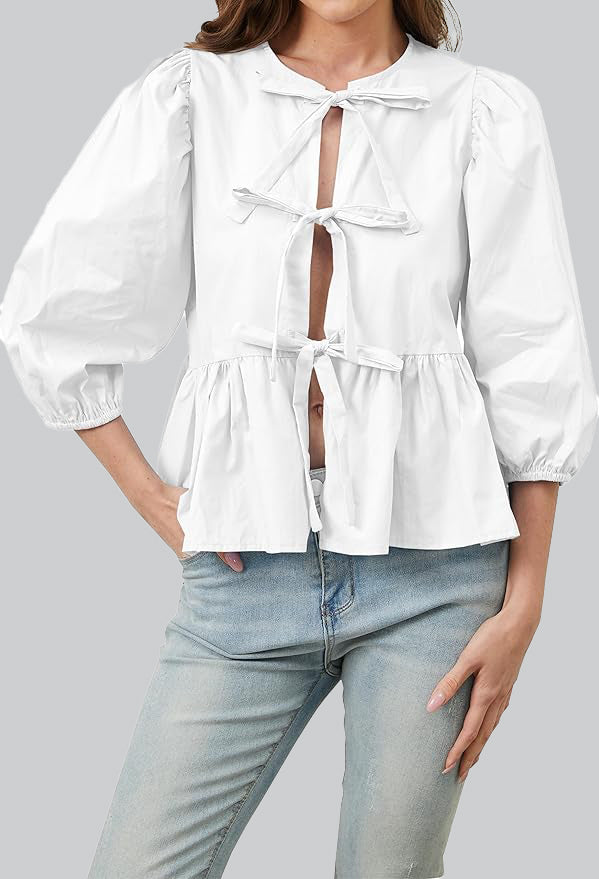 Pofmouw Peplum Blouse met Striksluiting