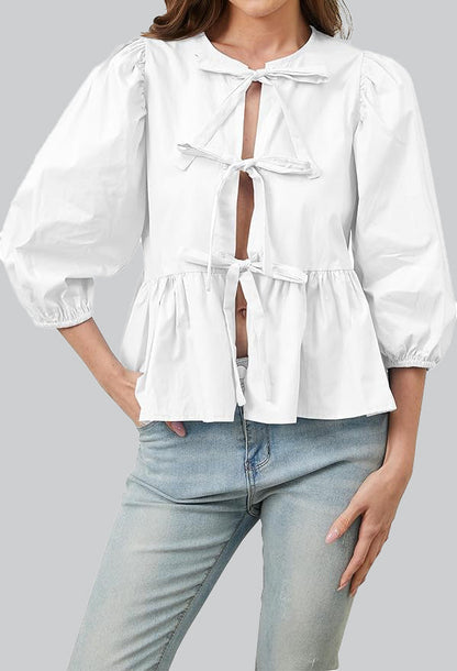 Pofmouw Peplum Blouse met Striksluiting