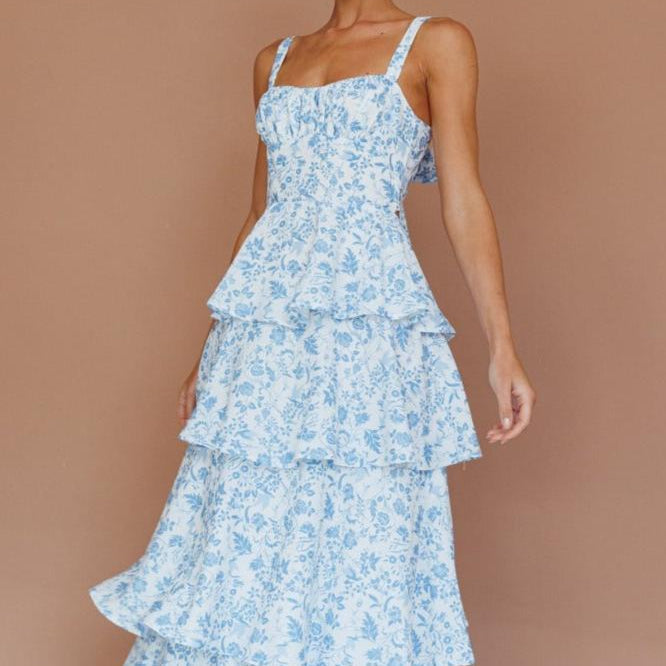 Gelaagde maxi-jurk met bloemenprint en bandjes