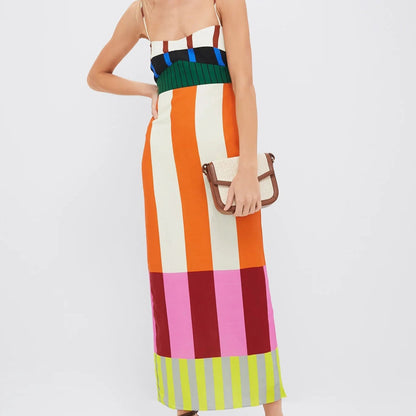 Maxi jurk met spaghettibandjes in streeppatroon