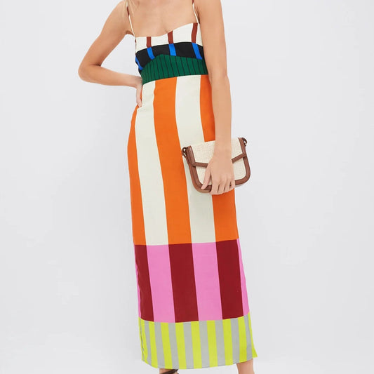 Maxi jurk met spaghettibandjes in streeppatroon