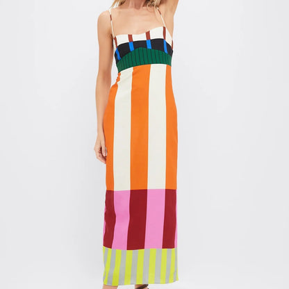Maxi jurk met spaghettibandjes in streeppatroon