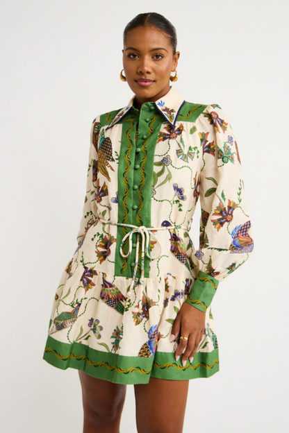 Mini Jurk met Bloemenprint en Groene Details