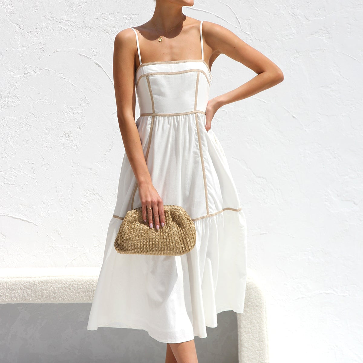 Mouwloze Midi Jurk met Contrastbiezen