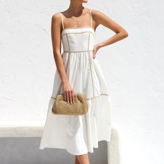 Mouwloze Midi Jurk met Contrastbiezen