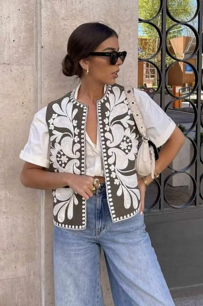 Gilet met Folkloreprint in Zwart-Wit