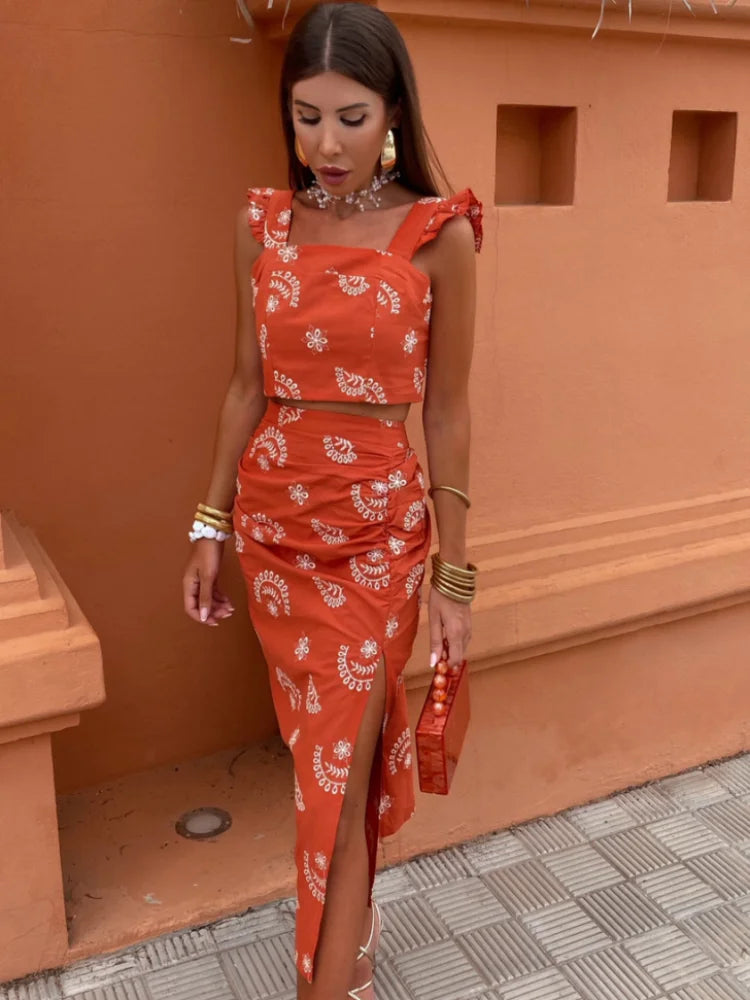 Tweedelig boho set met crop top en midi rok