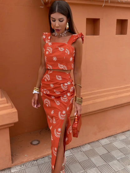 Tweedelig boho set met crop top en midi rok