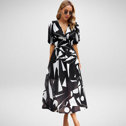 Abstracte Print Maxi Jurk met Pofmouwen