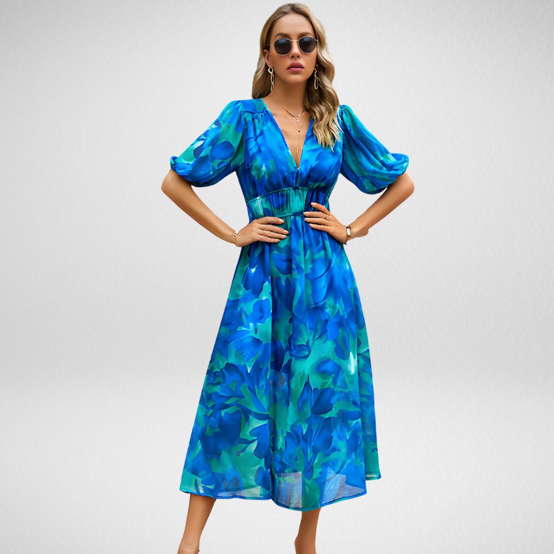 Abstracte Print Maxi Jurk met Pofmouwen