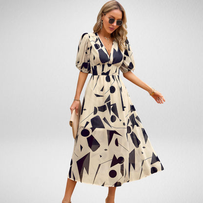 Abstracte Print Maxi Jurk met Pofmouwen