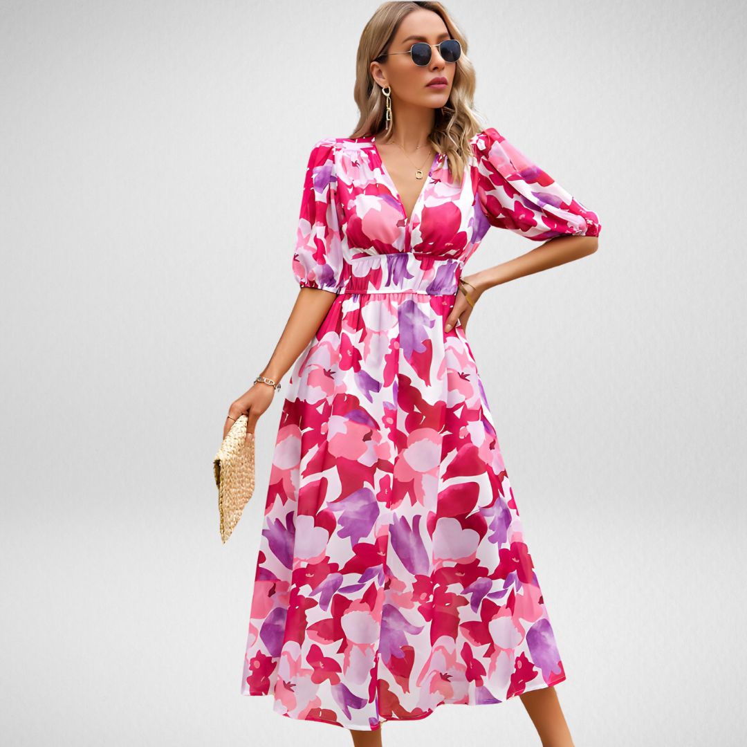 Abstracte Print Maxi Jurk met Pofmouwen