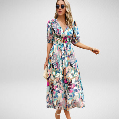 Abstracte Print Maxi Jurk met Pofmouwen