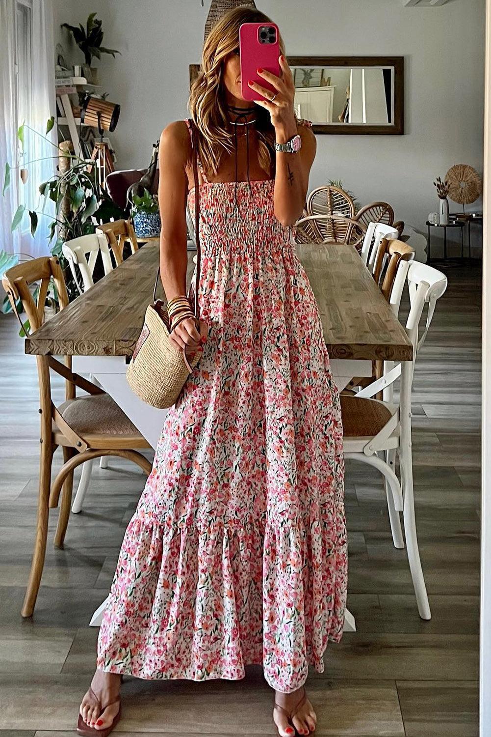 Bloemenprint Maxi-jurk Met Gesmokte Top