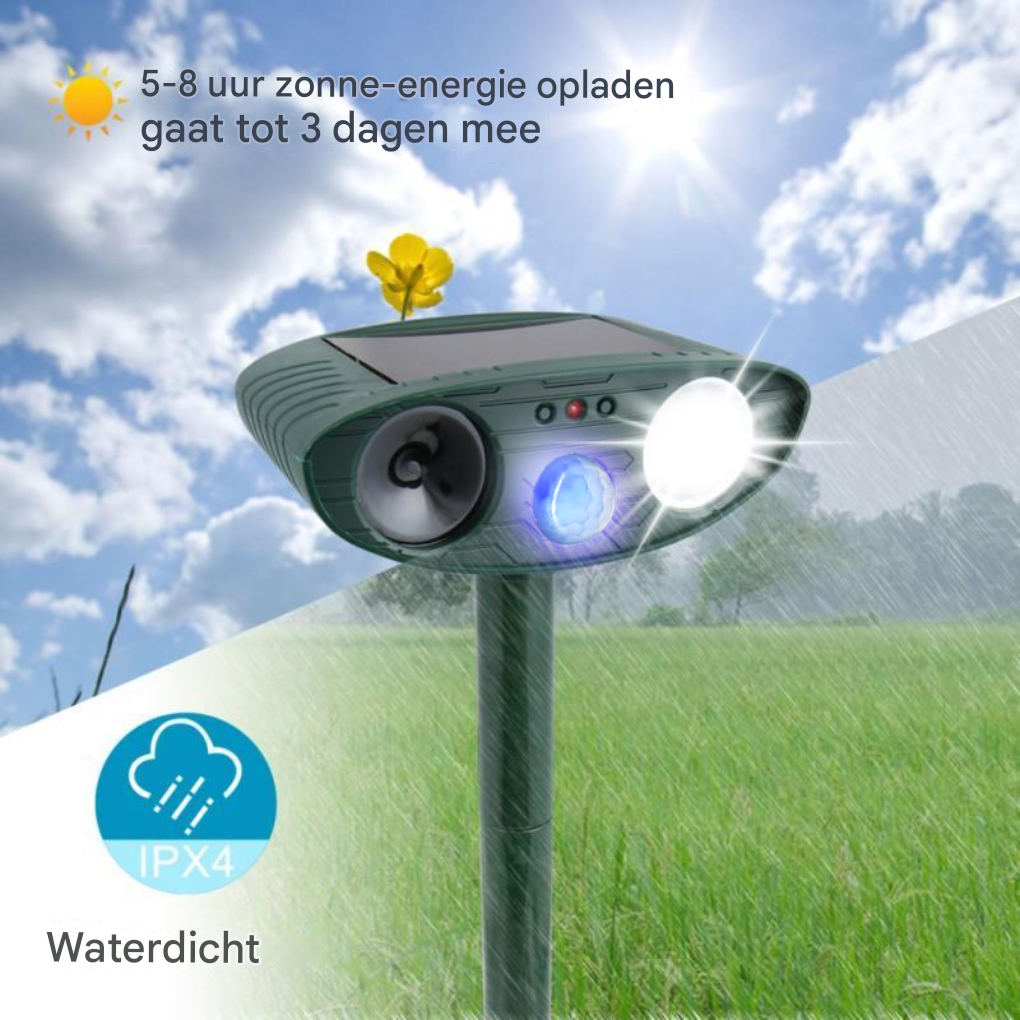 Bewegingsgeactiveerde ultrasone dierenverjager op zonne-energie