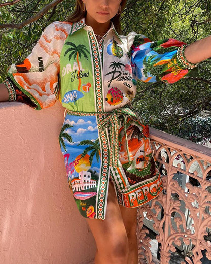 Tropische Print Overhemdjurk met Riem