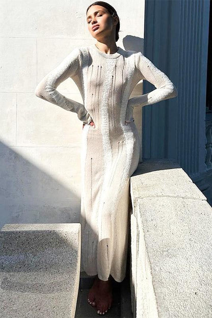 Chique Geribbelde Lange Mouwen Jurk