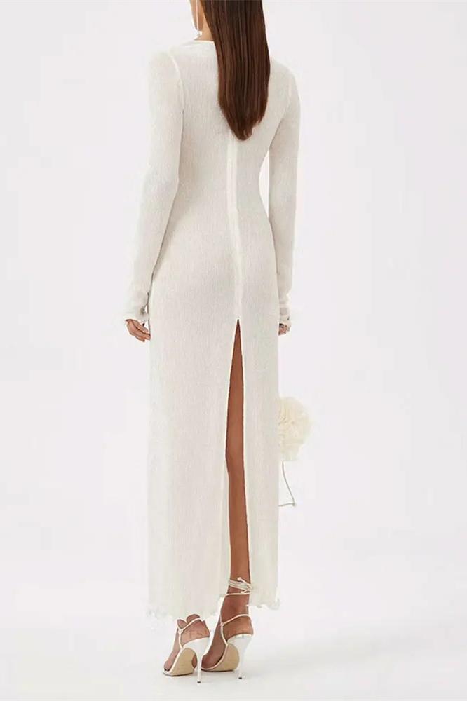 Elegante Geribbelde Jurk met Bloemdetails